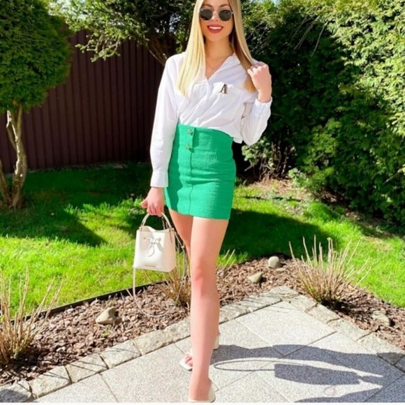 NWT ZARA 2 PIECE TEXTURED BLAZER + SKIRT APPLE GREEN - Picture 7 of 8